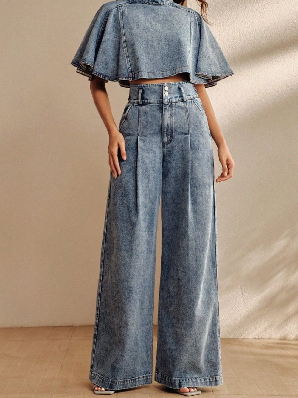 Blue Casual Women's Denim High Waist Wide Leg Pants & Short Sleeve Cape Set - Picture 7 of 7